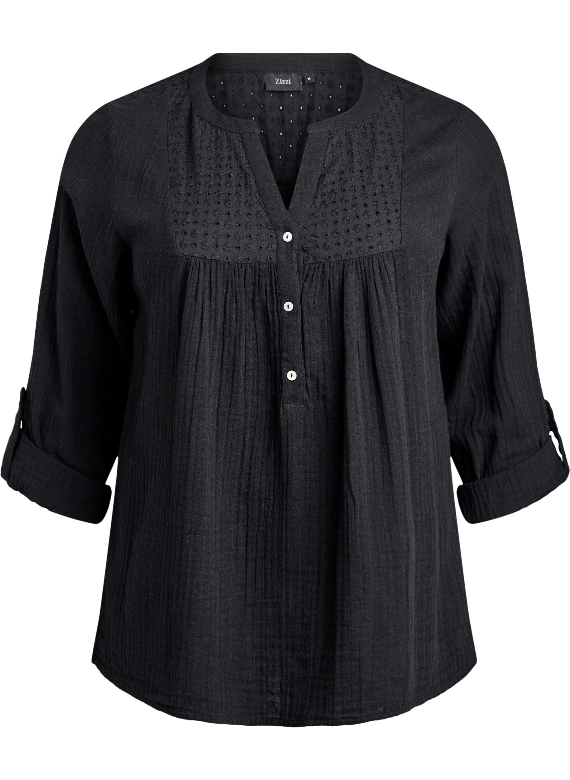 ZizziBluse i bomullsmuslin med broderie anglaise, Svart, Packshot image number 0