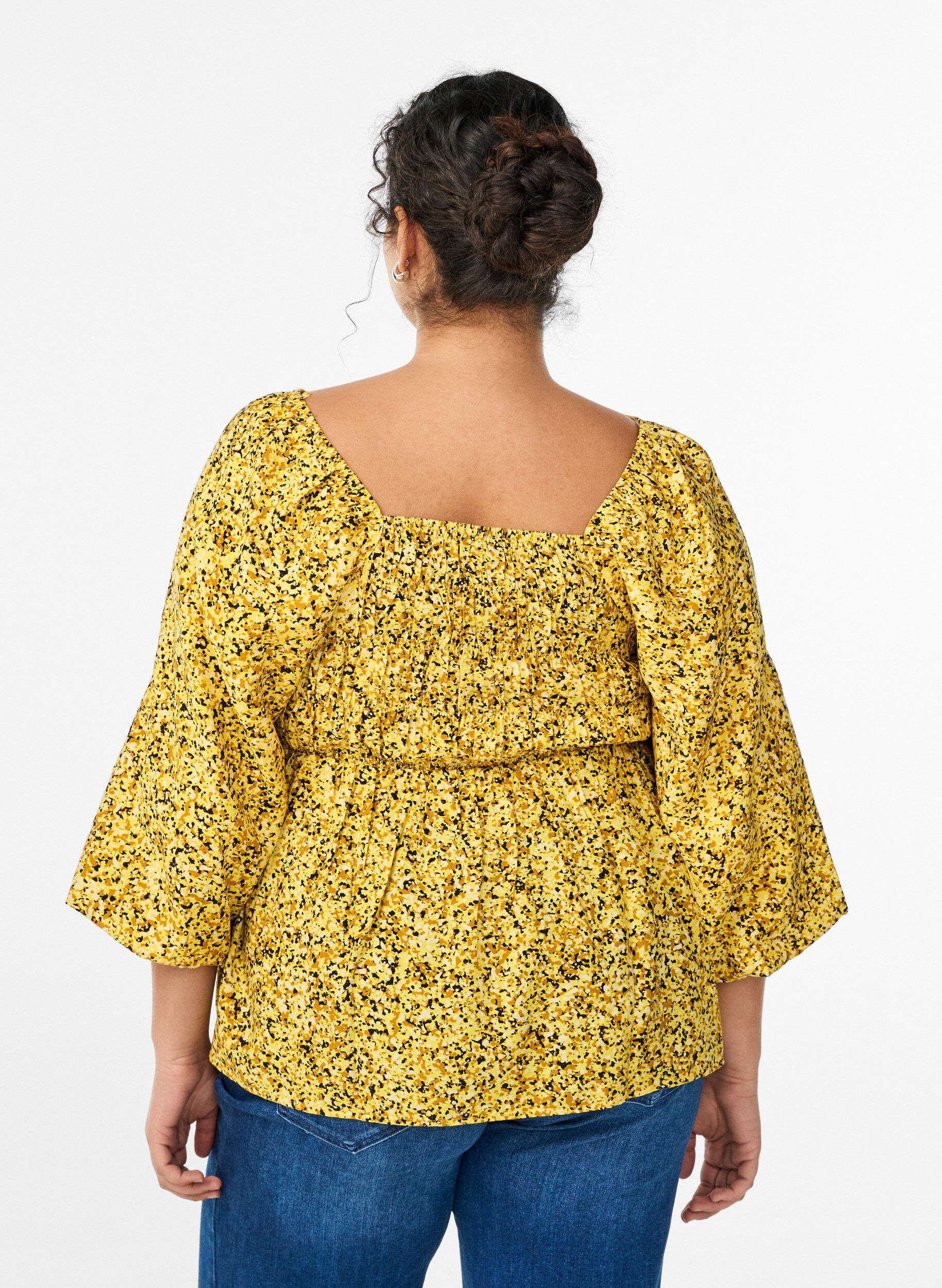 Zizzi Bluse med smock og firkantet utringning, Gul, Model image number 2