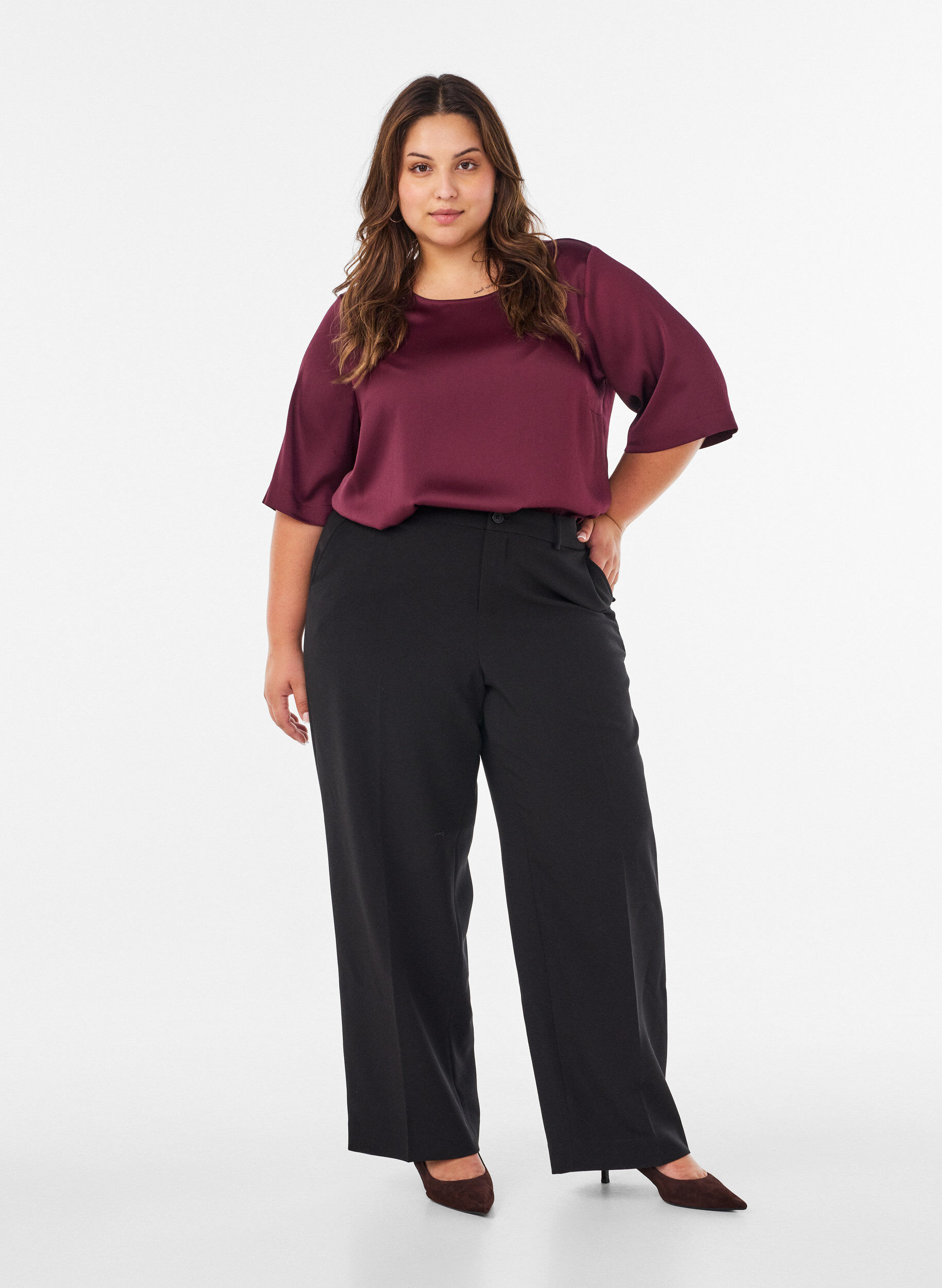 ZizziSatengbluse med albuelange ermer, R&oslash;d, Model image number 1