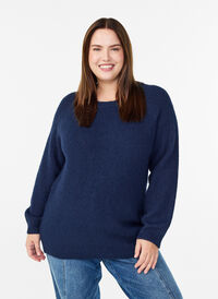 Strikkebluse med raglanermer, Blå Strikkebluse med raglanermer, Blå, Model