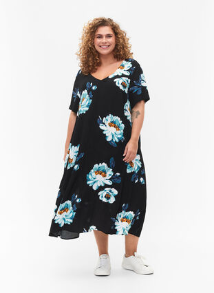 Blomstret kjole med korte ermer i viskose, Black Big Flower, Model image number 0
