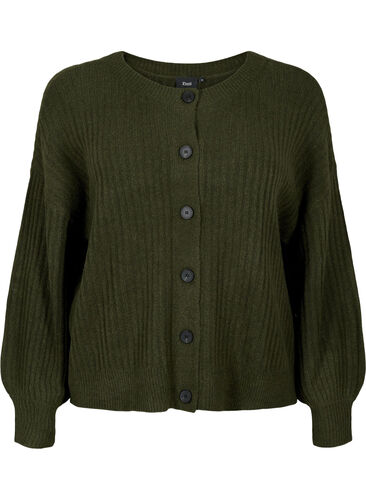 Strikket ribbestrikket cardigan med knapper, Forest Night Mel., Packshot image number 0