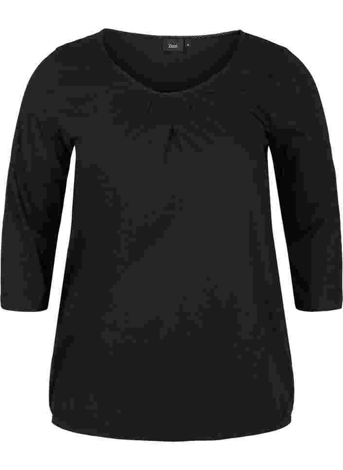Ensfarget bluse med 3/4-ermer i bomull, Black, Packshot image number 0