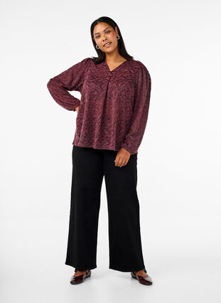 Zizzi Langermet bluse med glitter og mønster, Rød, Model image number 1