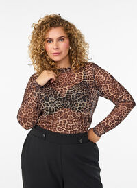 Bluse i mesh med leopardmønster, Brun Bluse i mesh med leopardmønster, Brun, Model