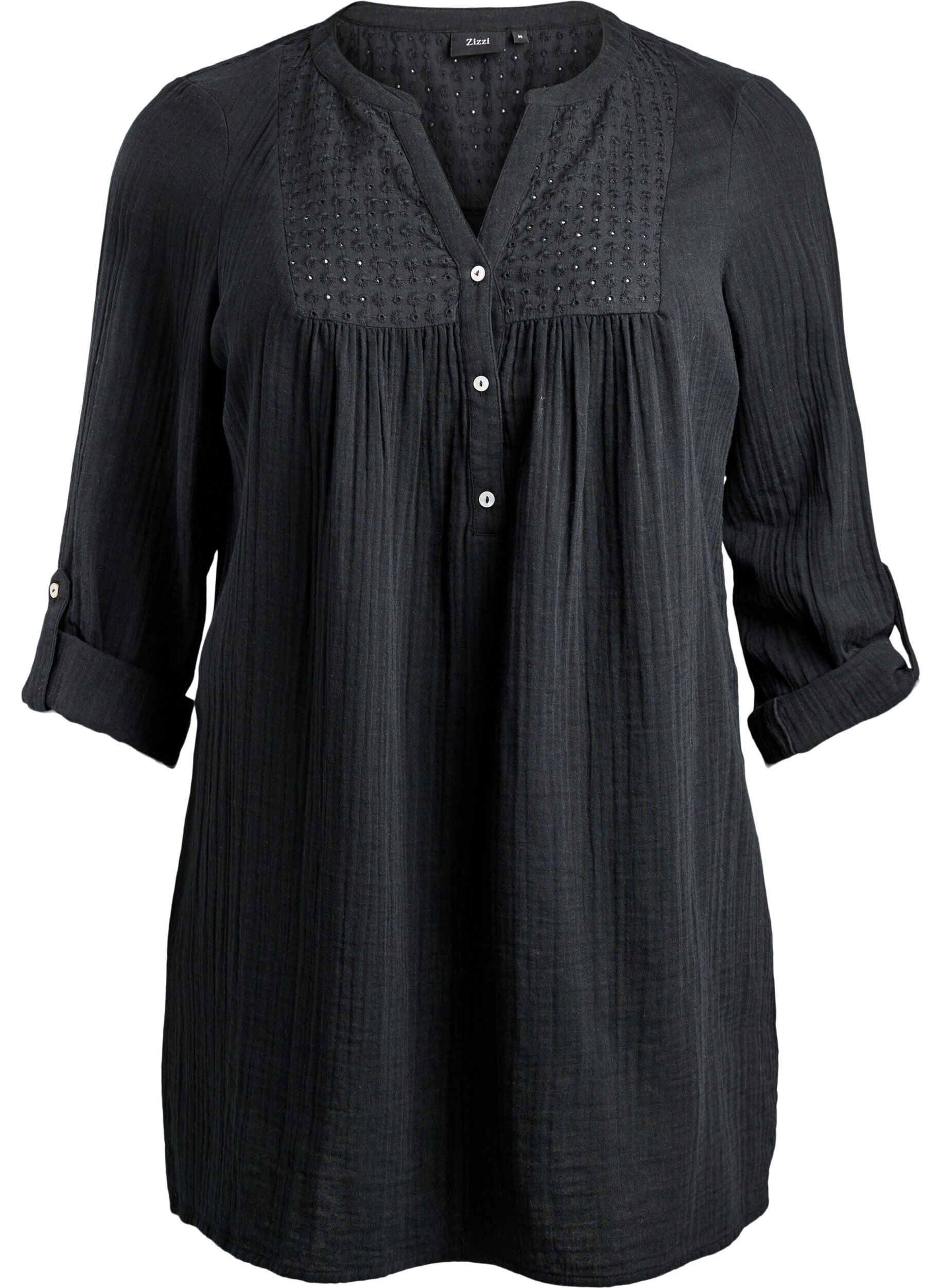 ZizziBomullsmuslin tunika med broderie anglaise, Svart, Packshot image number 0
