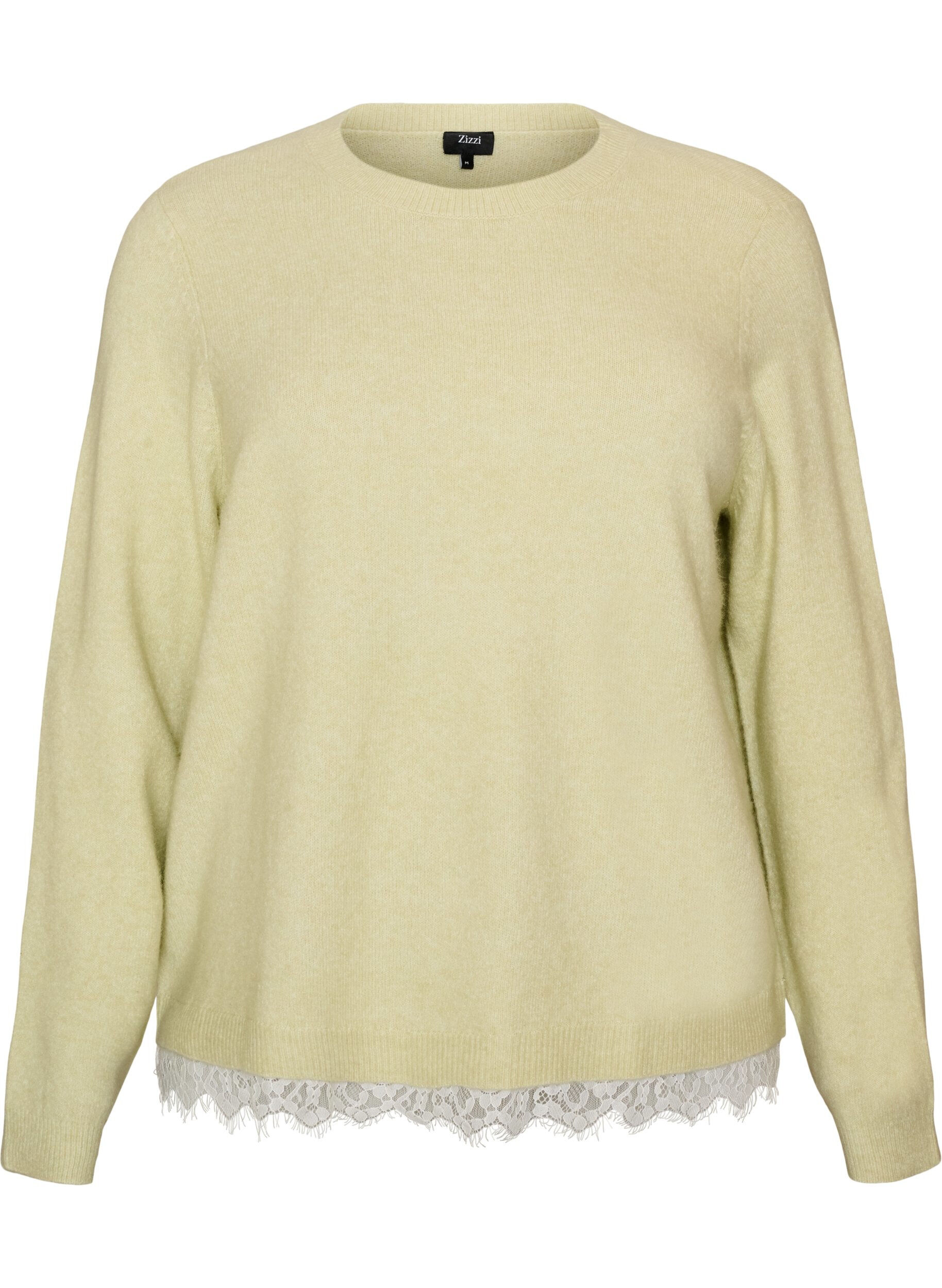 ZizziStrikkebluse med blondekant nederst, Gr&oslash;nn, Packshot image number 0