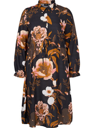Blomstrete kjole i viskose med knyting, Black Flower AOP, Packshot image number 0