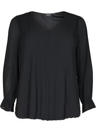Bluse i plissé med V-hals, Black