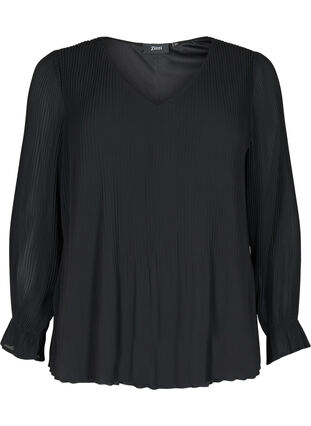 Bluse i plissé med V-hals, Black, Packshot image number 0