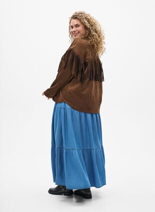 Zizzi Denim maxiskjørt med volanger, Blå, Model image number 1