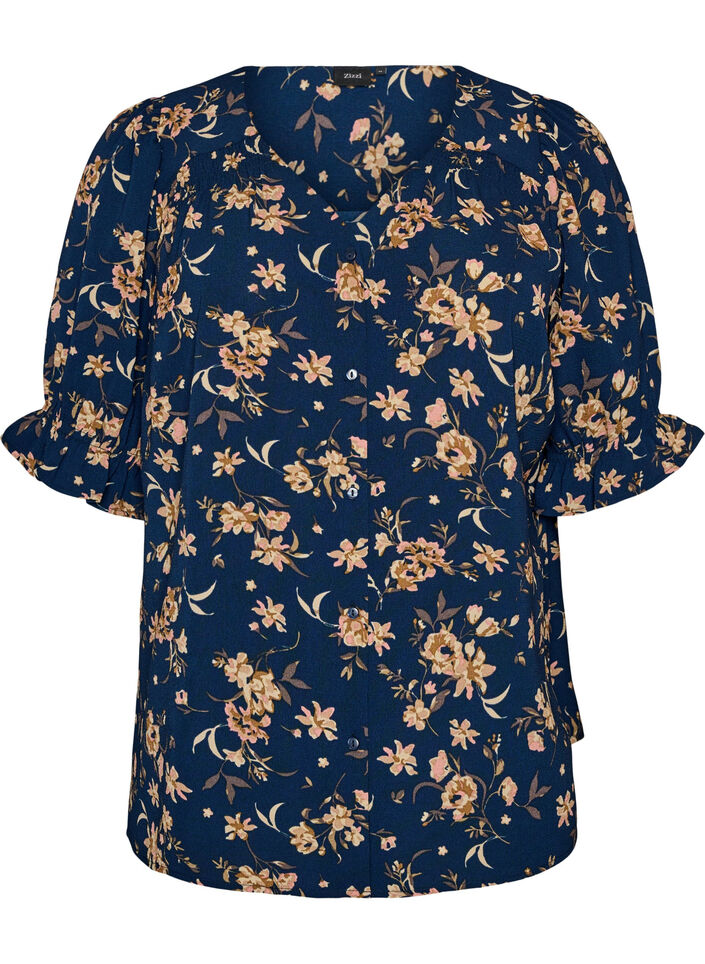 Skjortebluse med 1/2 ermer, Bl&aring;, Packshot image number 0
