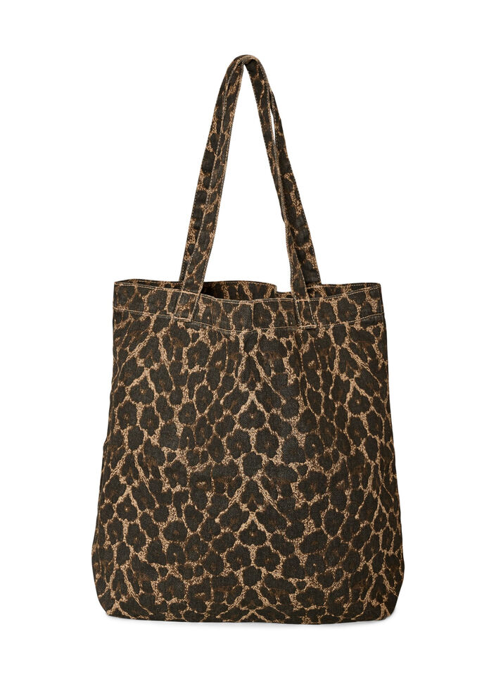 Denim shopper veske med leopardm&oslash;nster, Brun, Packshot image number 0