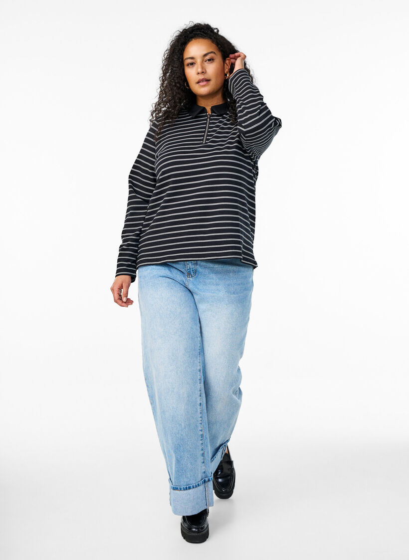 Stripete poloskjorte med glidelås, Svart, Model image number 1