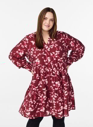 Zizzi A-linje kjole med volangkrage, Rød, Model image number 0