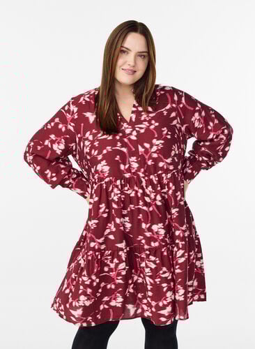 Zizzi A-linje kjole med volangkrage, Rød, Model image number 0