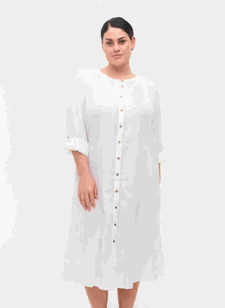 Skjortekjole i bomull med 3/4-ermer, Bright White, Model image number 0