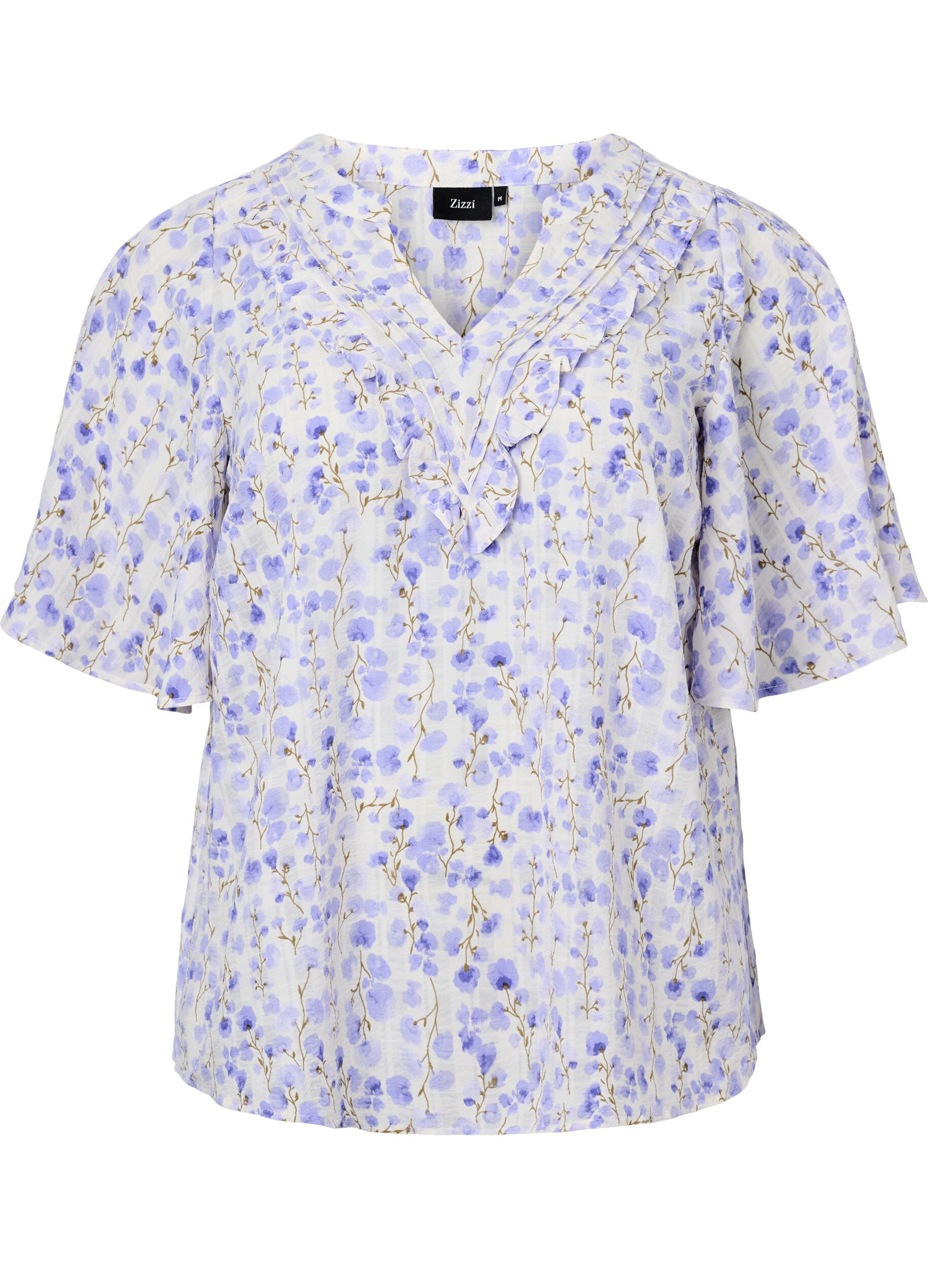 Bluse med V-hals og korte ermer med blomstertrykk