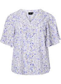 Bluse med V-hals og korte ermer med blomstertrykk, Hvit Bluse med V-hals og korte ermer med blomstertrykk