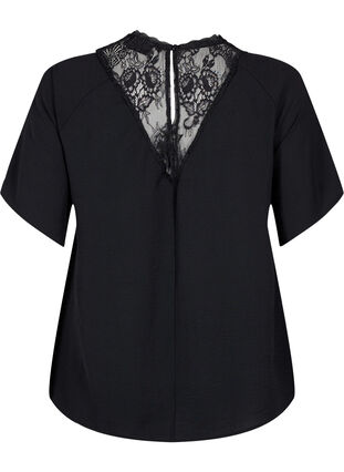 Bluse med korte ermer og blonder , Black, Packshot image number 1