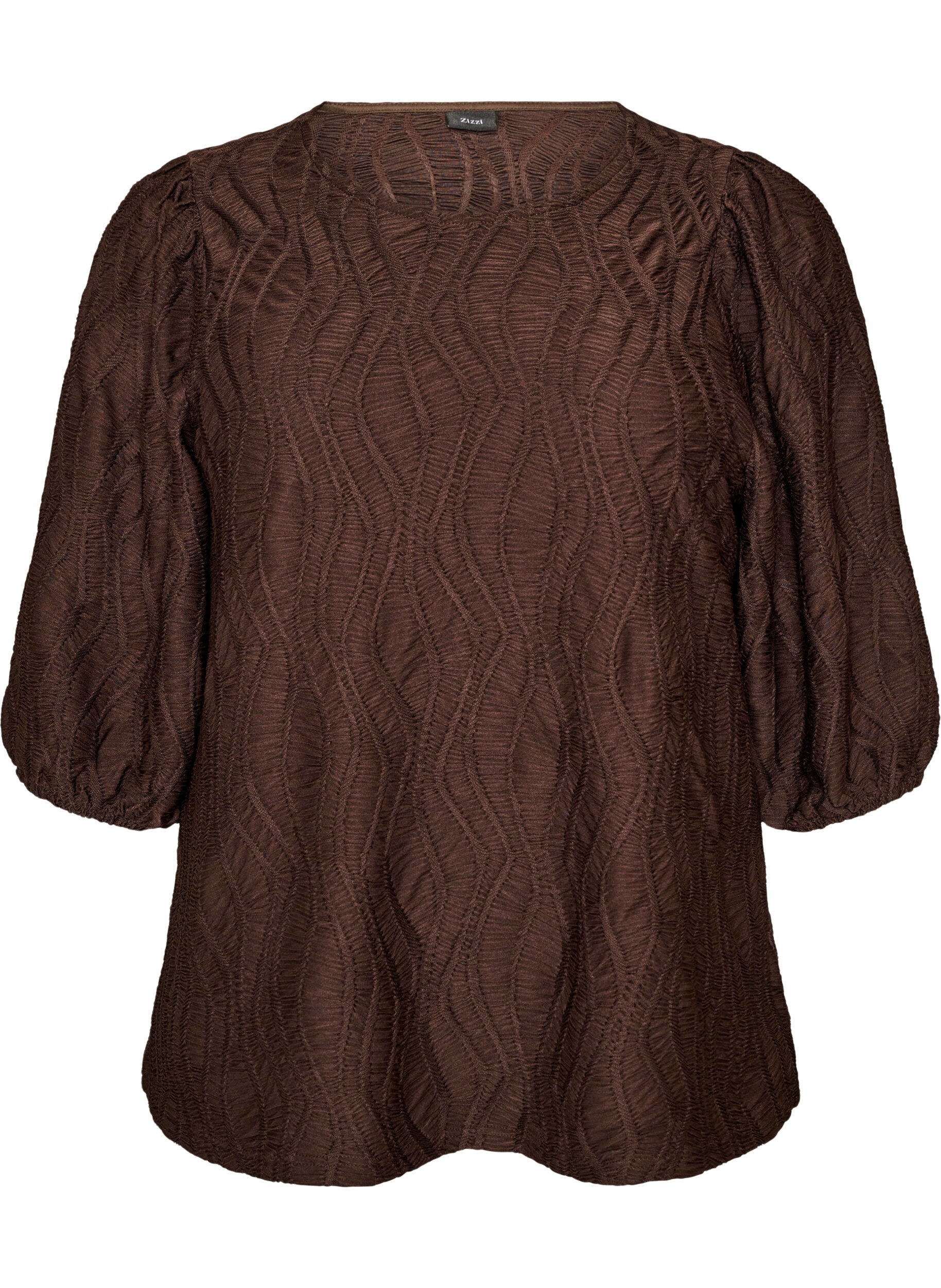 ZizziBluse med tekstur og 3/4 ermer, Brun, Packshot image number 0