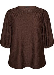 Bluse med tekstur og 3/4 ermer, Brun