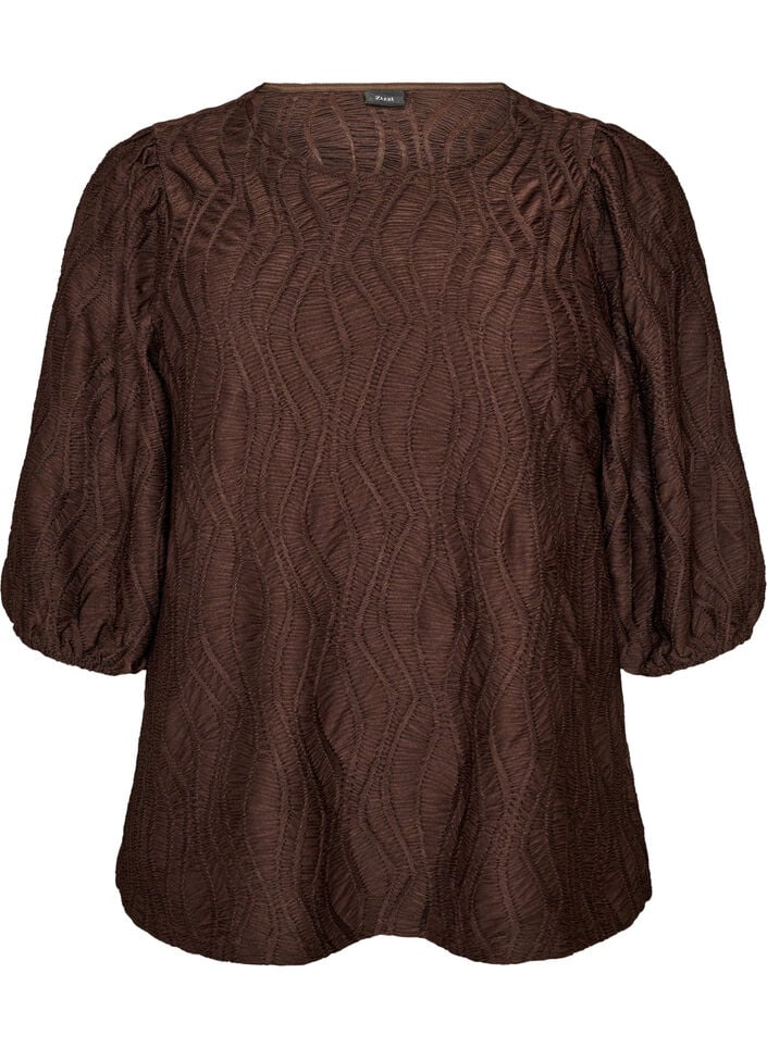 Bluse med tekstur og 3/4 ermer, Brun, Packshot image number 0