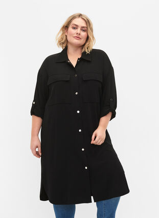 Lang skjortejakke med knappelukking, Black, Model image number 0