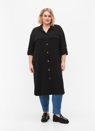 Lang skjortejakke med knappelukking, Black, Model image number 2