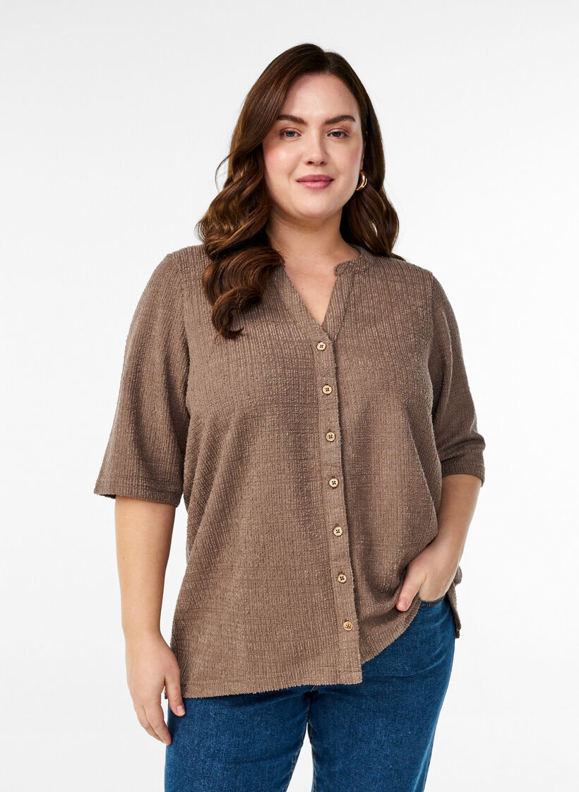 Strukturert bluse med V-hals, Walnut, Model image number 0