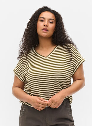 Stripete T-skjorte i bomull, Ivy Green Y/D, Model image number 0