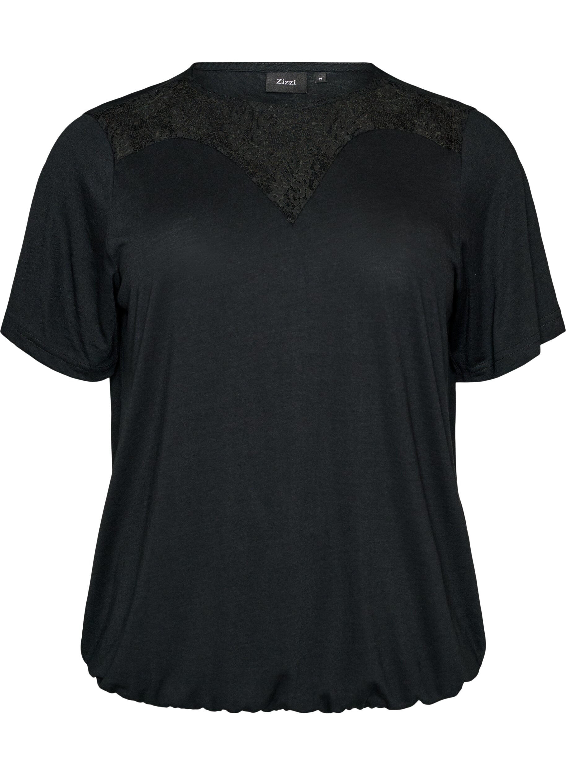 ZizziBluse med blondeinnsats og ballongermer, Svart, Packshot image number 0