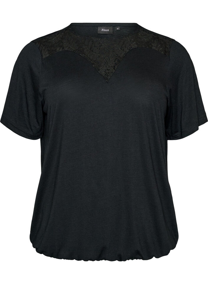 Bluse med blondeinnsats og ballongermer, Svart, Packshot image number 0