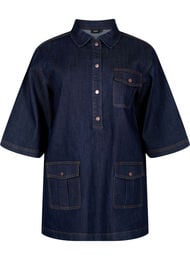 Denimkjole med store lommer og 3/4 ermer, Bl&aring;