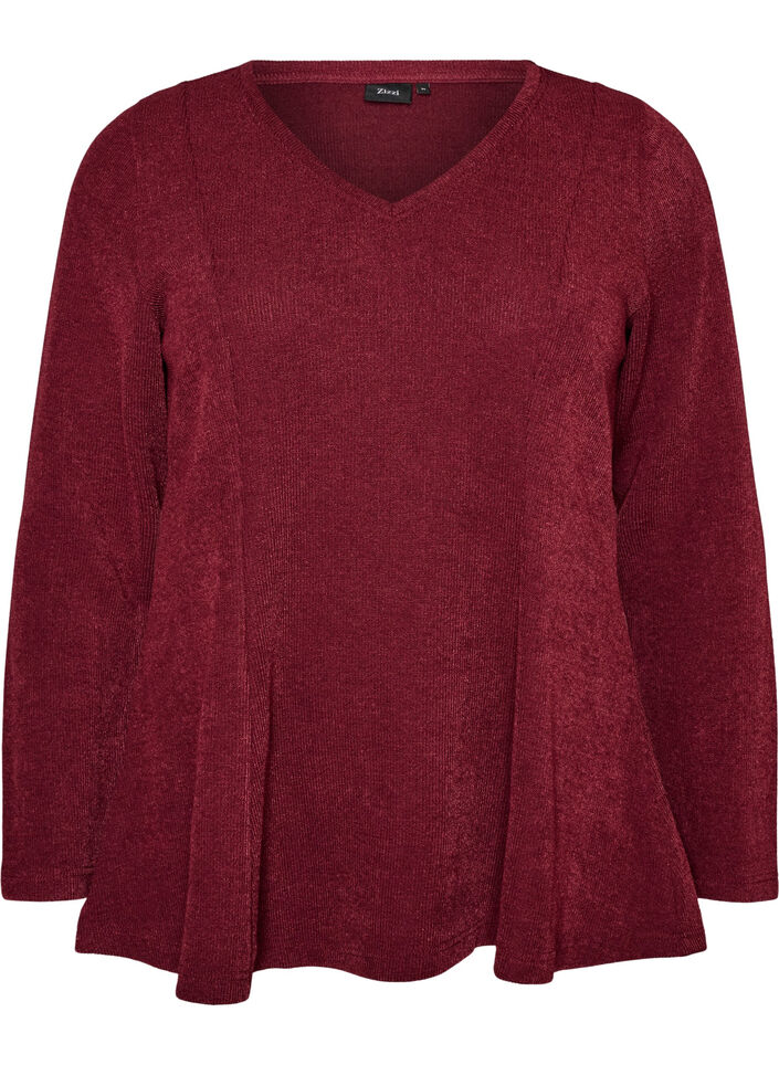 Jersey bluse med ribbet tekstur og A-linje passform, R&oslash;d, Packshot image number 0