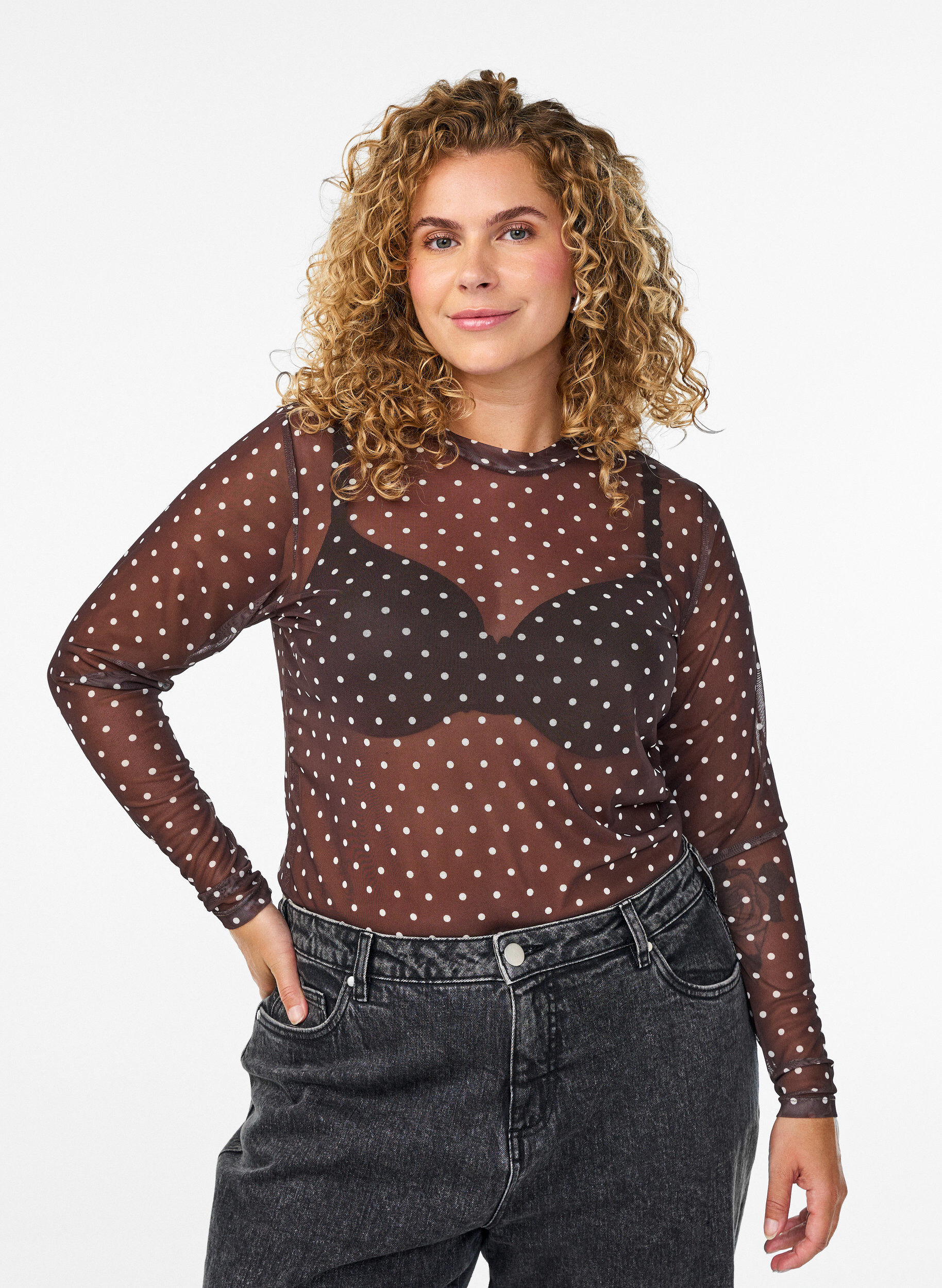 ZizziBluse med mesh og prikker, Brun, Model image number 0