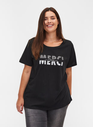 T-skjorte i organisk bomull med trykk, Black Merci, Model image number 0