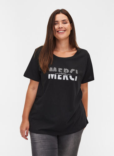 T-skjorte i organisk bomull med trykk, Black Merci, Model image number 0