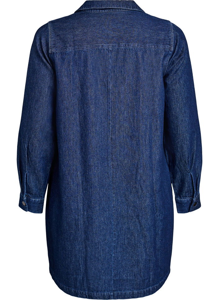 Kort denimkjole med V-hals og krage, Dark Blue Denim, Packshot
