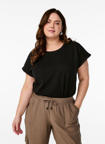 Kortermet T-skjorte i bomullsblanding, Black, Model image number 0