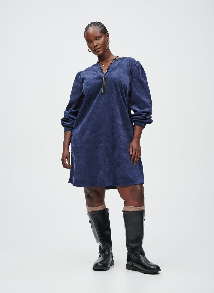 Kort fløyelskjole med lange ermer, Peacoat, Image