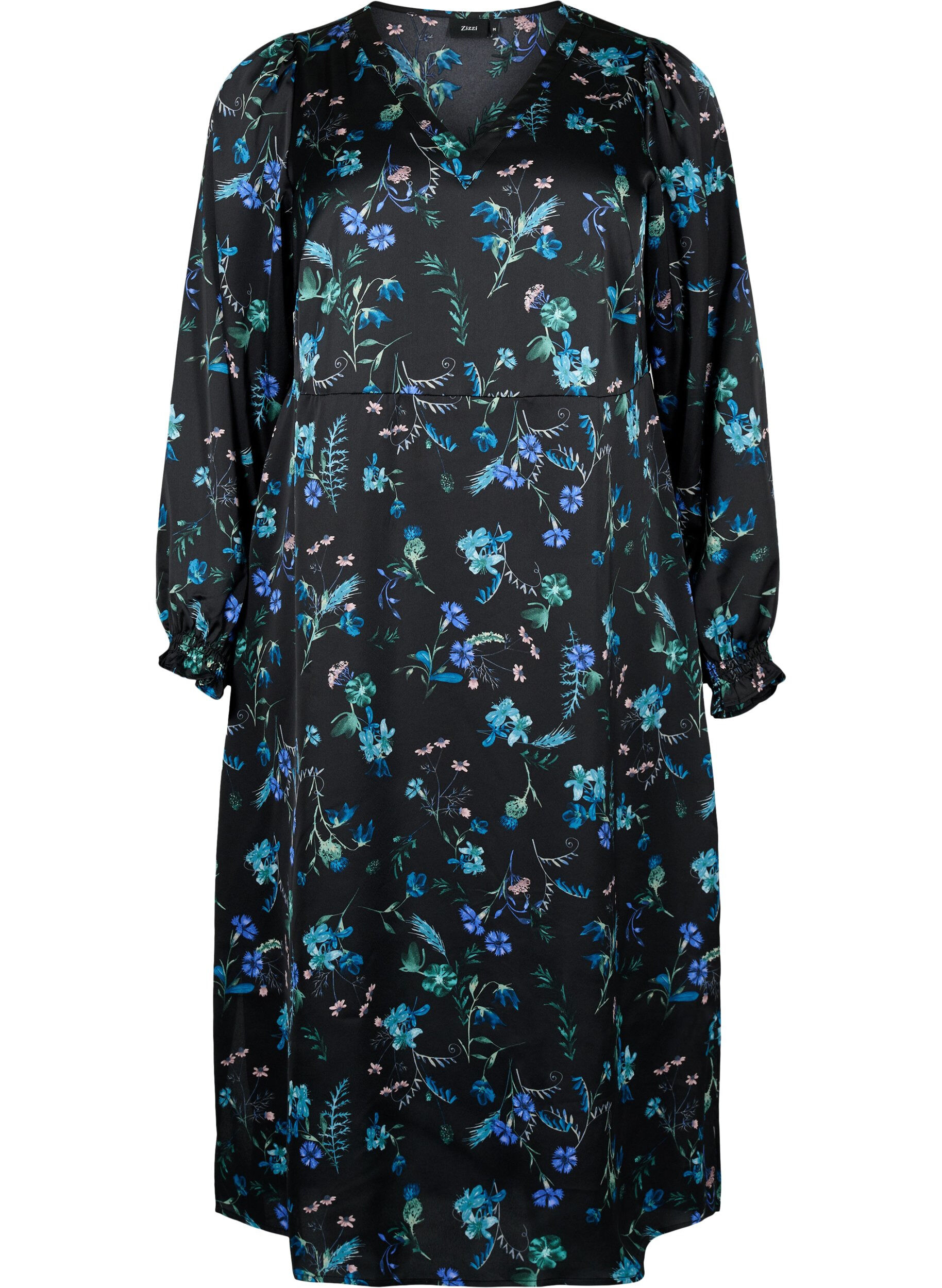 ZizziMidikjole med lange ermer og blomstertrykk, Blue Flower AOP, Packshot image number 0