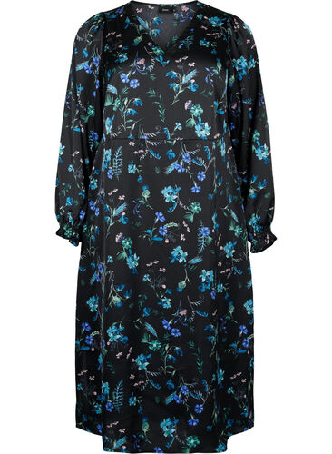 Midikjole med lange ermer og blomstertrykk, Blue Flower AOP, Packshot image number 0