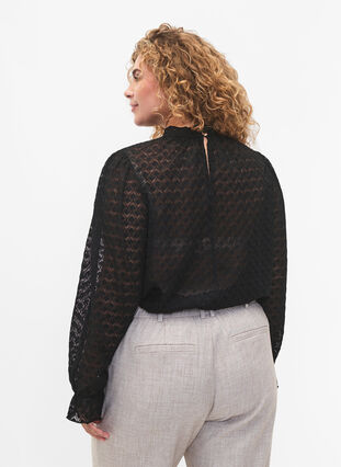 Bluse med lange ermer og mønstret tekstur, Black, Model image number 1