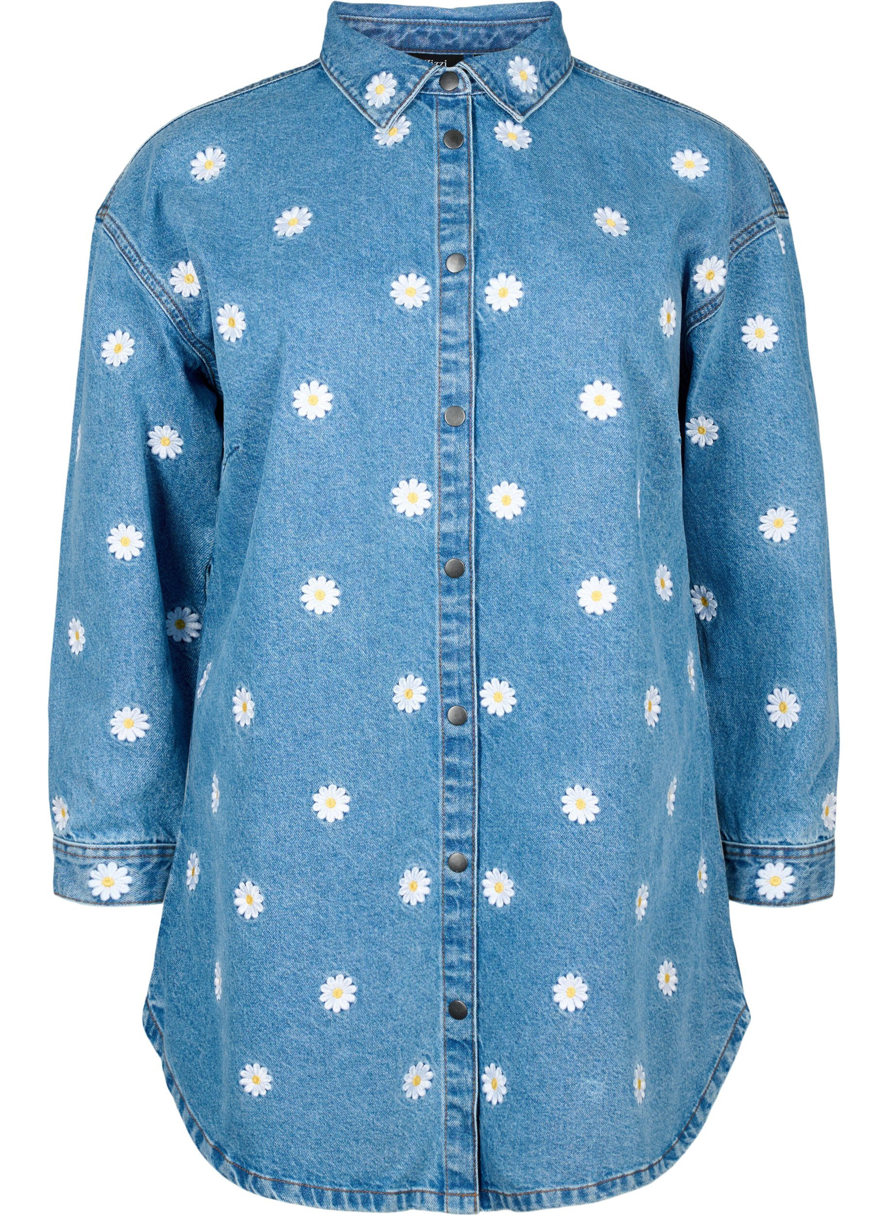 Zizzi L&oslash;s denimskjorte med broderte tusenfryd, L.B. Flower, Packshot image number 0