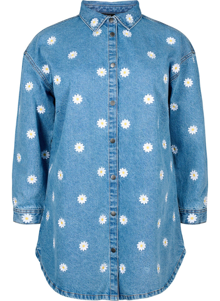 Løs denimskjorte med broderte tusenfryd, L.B. Flower, Packshot image number 0