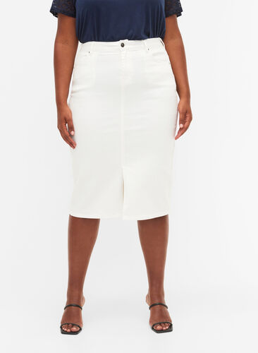Midiskjørt i denim med en splitt foran, White, Model image number 3