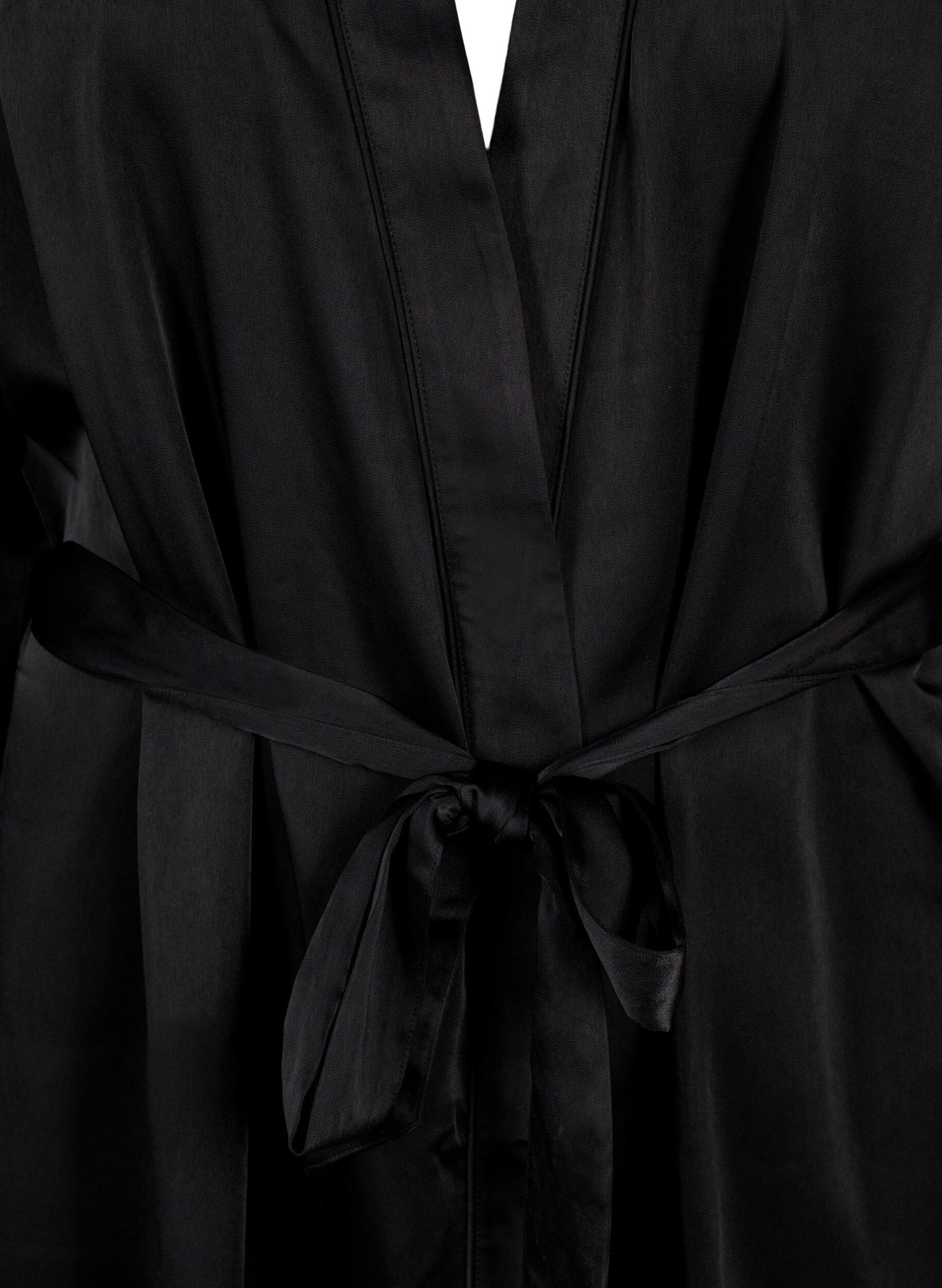 Zizzi Kimono i sateng med belte, Black, Packshot image number 2