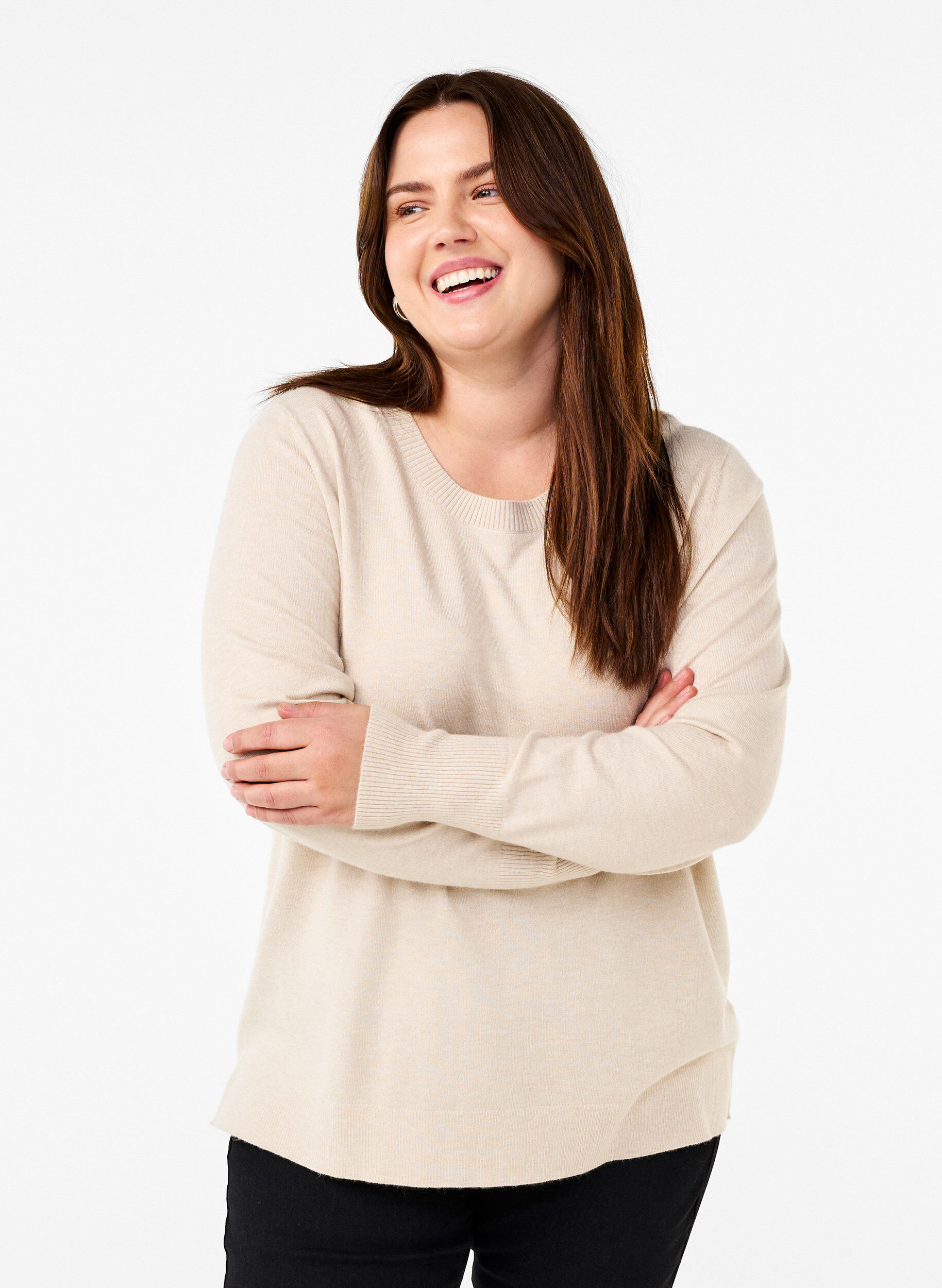 Zizzi FLASH &ndash; strikket bluse med rund hals, Beige, Model image number 0