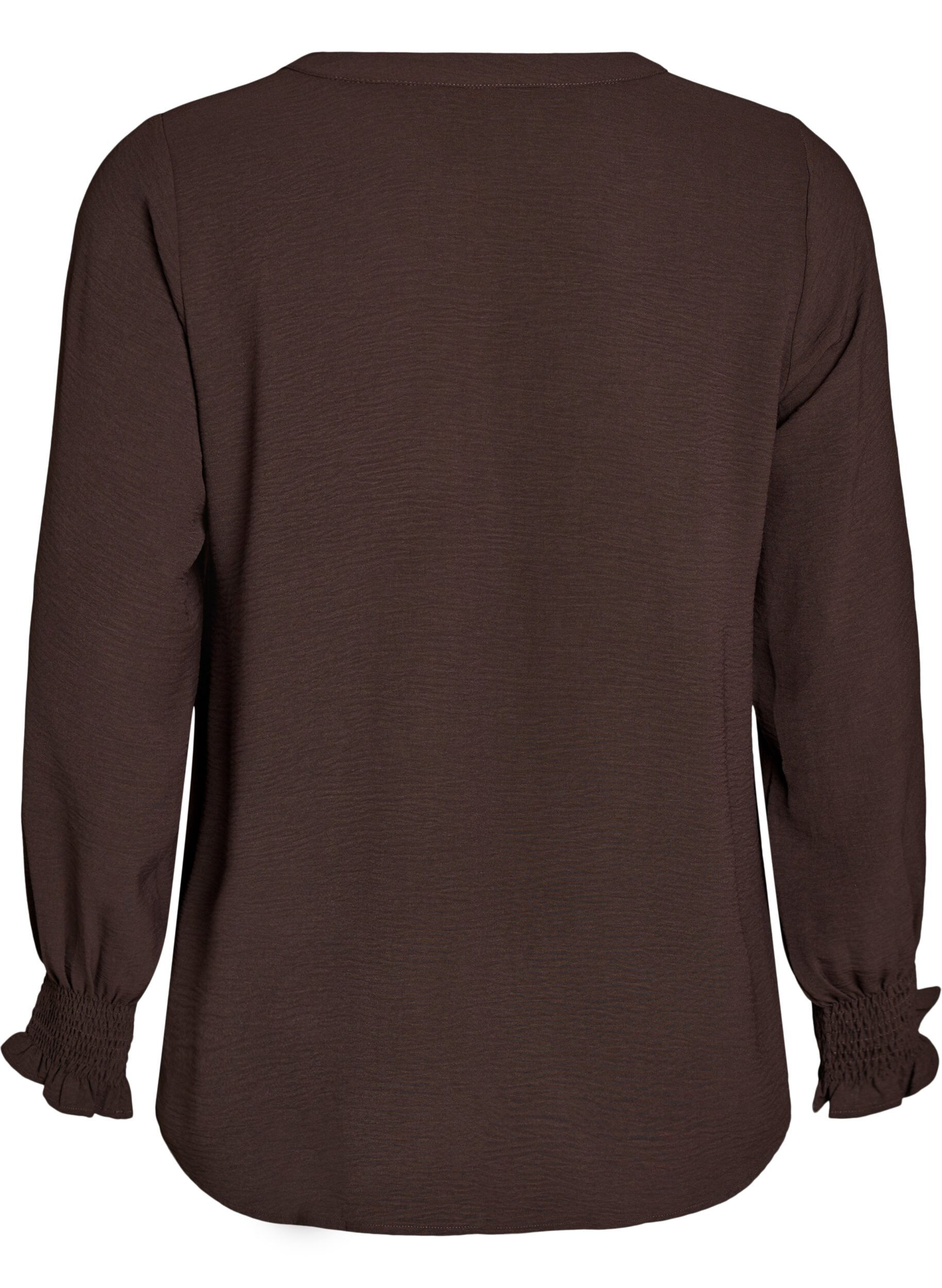 ZizziBluse med smockmansjetter og V-hals, Brun, Packshot image number 1